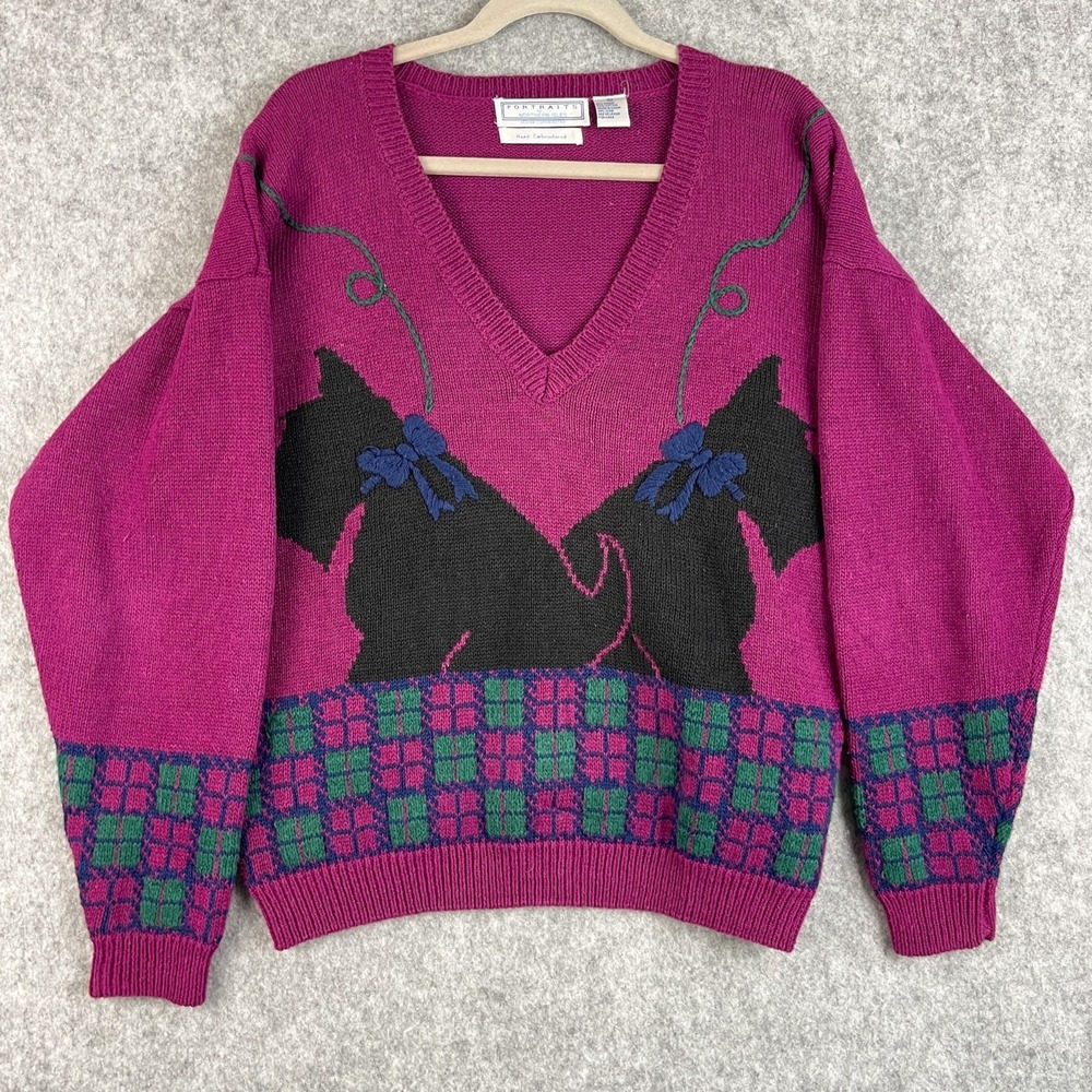 Vintage 80s Scottie Dog Sweater Womens Large Portrait Northern Isles Preppy